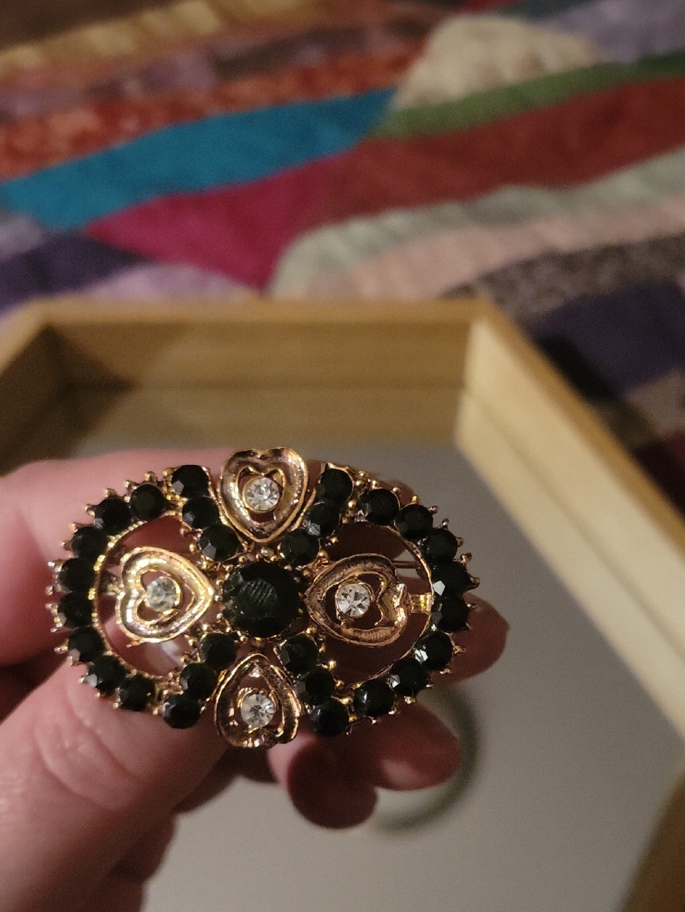 Gold Tone Black Crystal Floral Statement Brooch